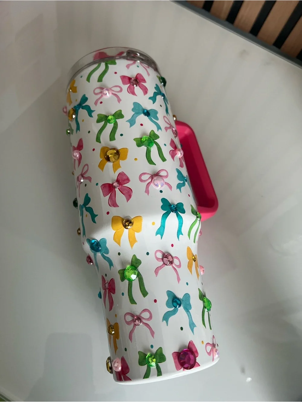 Kids Bow Print Travel Mug with Pink Handle